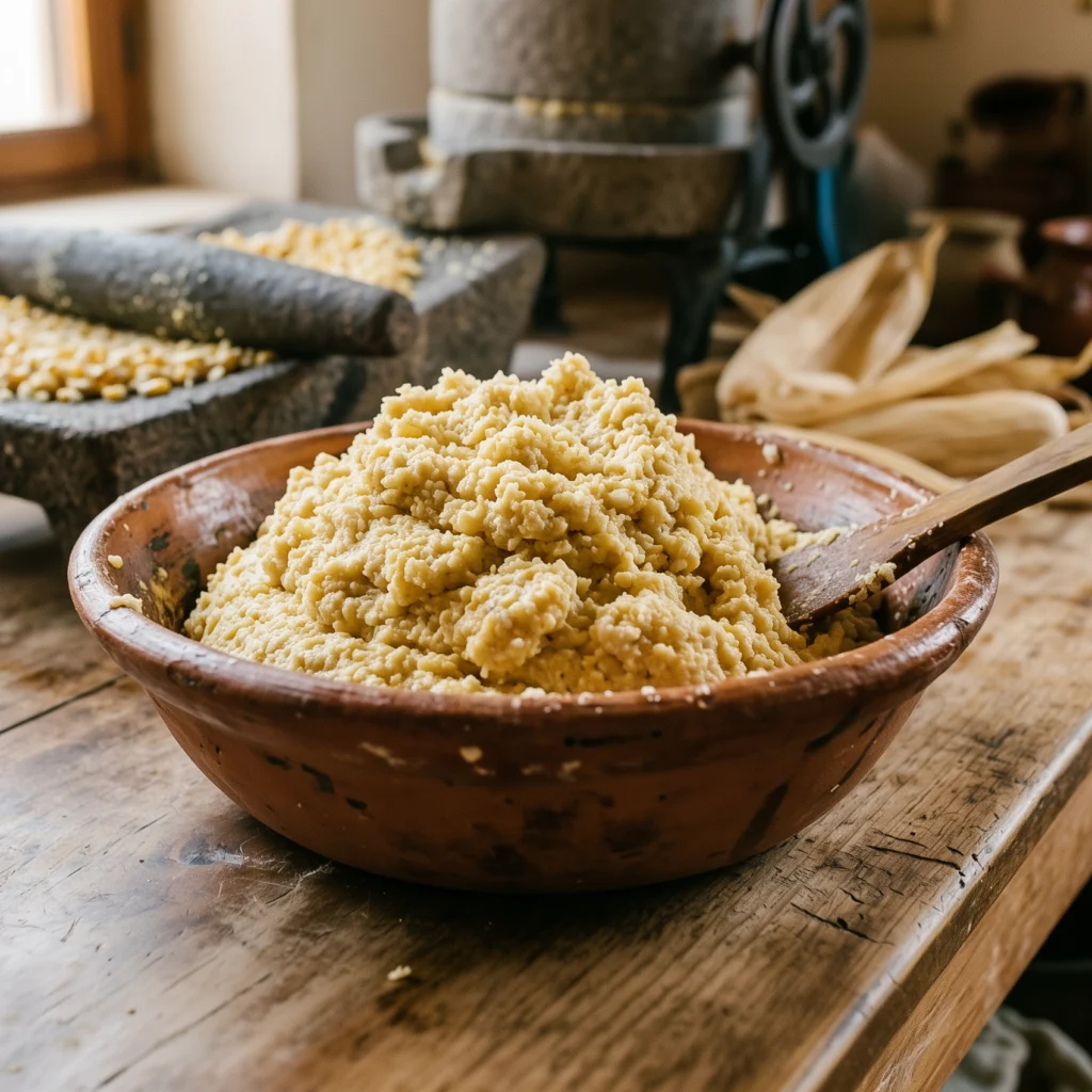 A clay bowl of freshly ground masa on a wooden table, with a stone molino and corn husks behind it.