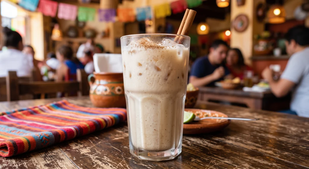 A tall glass of horchata with a cinnamon stick, on a striped cloth on a wooden table in the dining room.