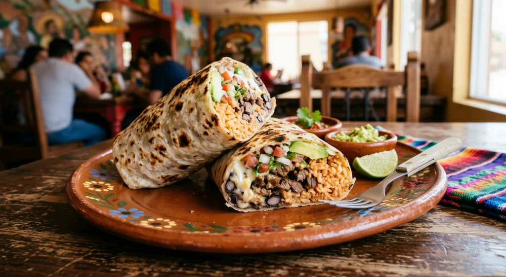 A burrito cut in half on a clay plate, showing beans, rice and avocado, with guacamole and a lime wedge beside it, in the dining room.