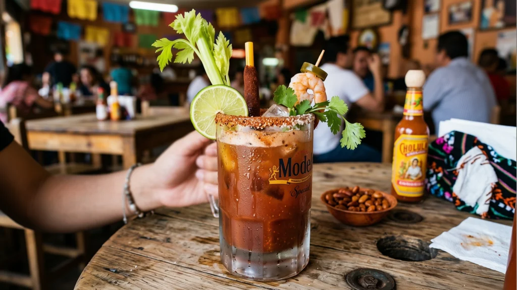 A michelada in a chile-salted glass with celery, lime and a shrimp, beside a bottle of beer and hot sauce on a table in the dining room.