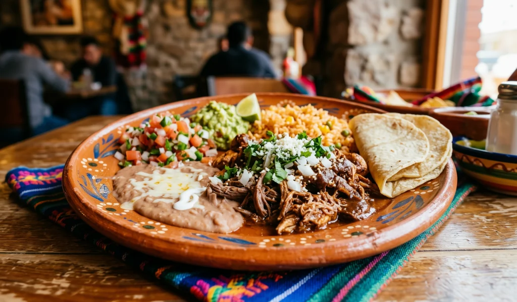 A plate of shredded beef with rice, refried beans, pico de gallo, guacamole and warm tortillas.
