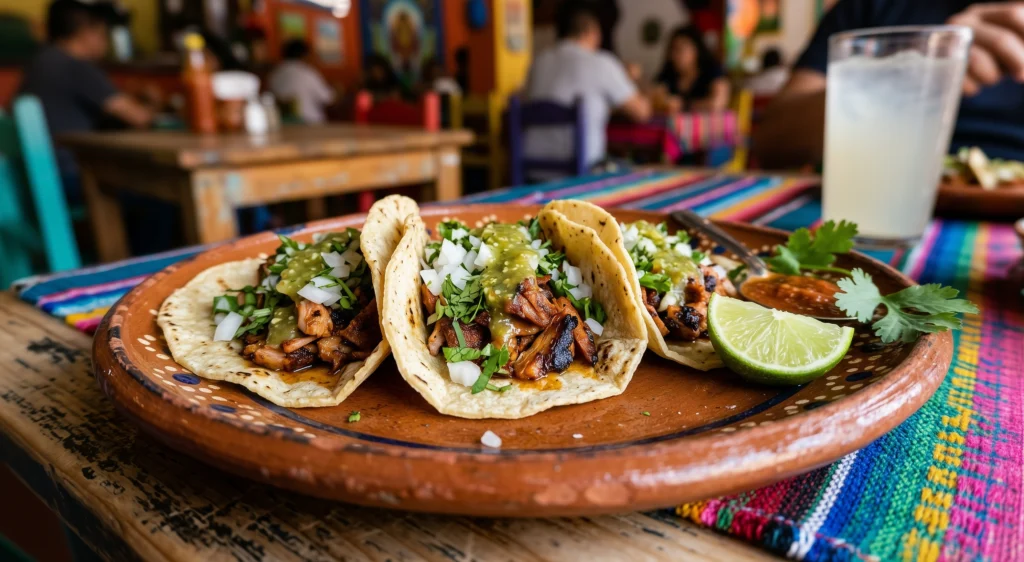 Three tacos on a clay plate with lime and cilantro, on a striped tablecloth in the dining room.