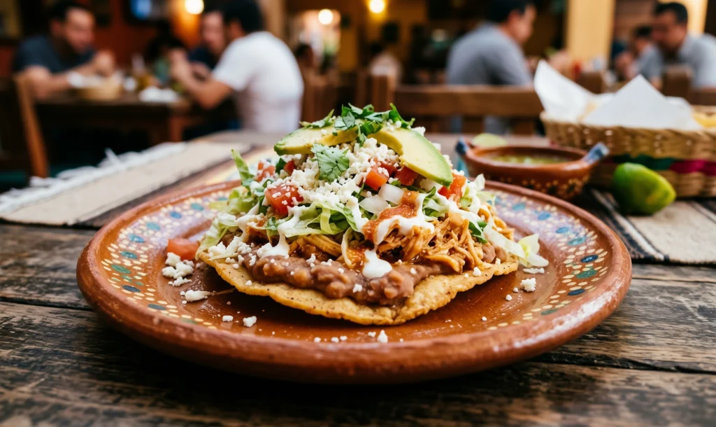 A tostada on a painted clay plate: a crisp flat tortilla with refried beans, shredded chicken, lettuce, pico de gallo, avocado and crumbled cheese.