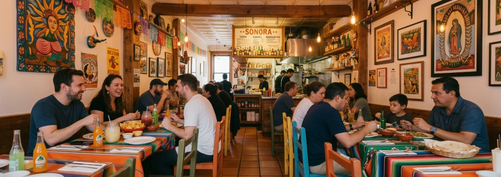 The Sonora dining room during service: long communal tables under papel picado and pendant lights, diners eating and talking, and the open kitchen and counter beneath the menu board at the back.