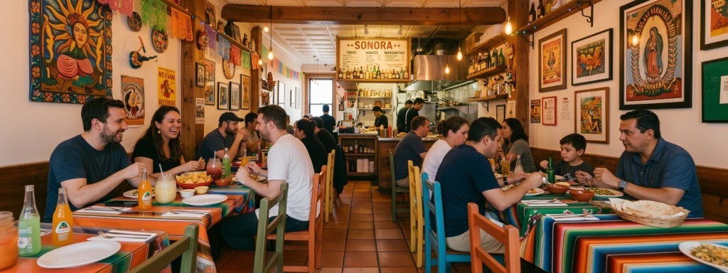 The Sonora dining room during service: long communal tables under papel picado and pendant lights, diners eating and talking, and the open kitchen and counter beneath the menu board at the back.